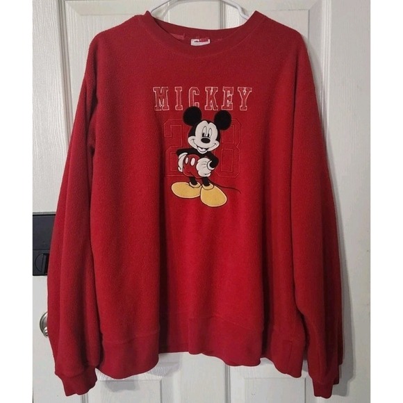 Vintage 90s Disney Store Mickey Mouse 28 Crewneck Fleece Sweatshirt Red, Large - Picture 1 of 4